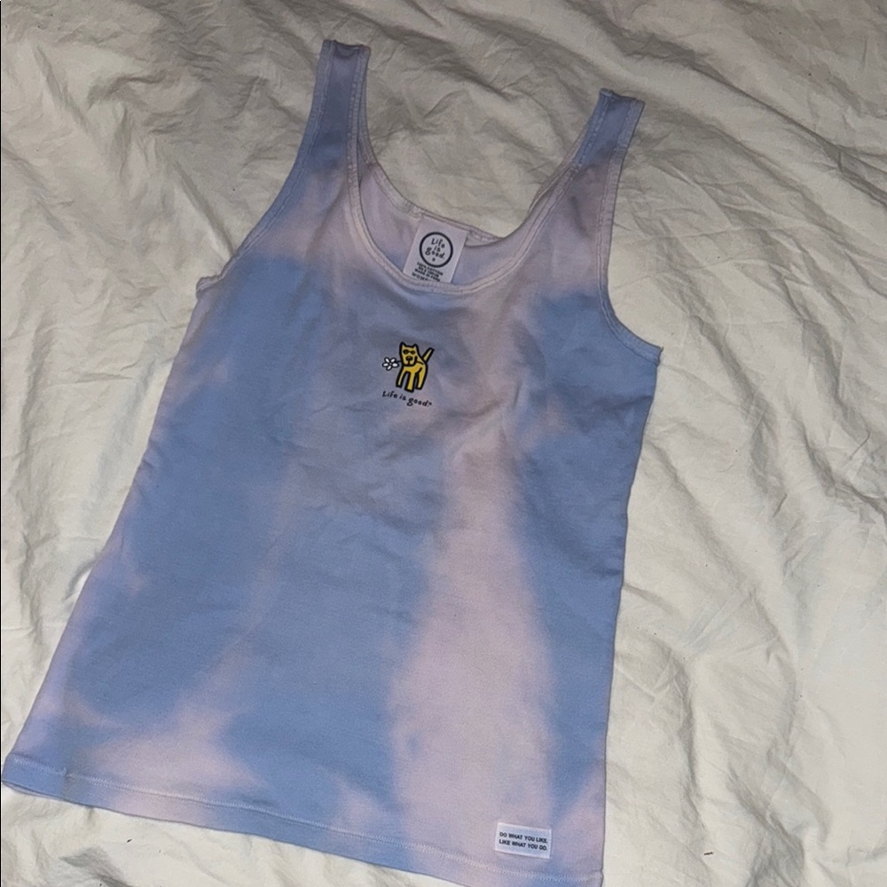 Life is Good Blue and White tie-dye Tank Top with dog Graphic
